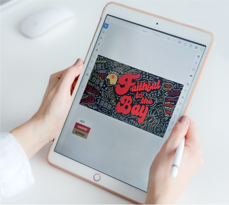 Final San Francisco 49ers mural design by Hi Lo Design Co displayed on iPad at Levi Stadium