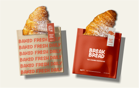 Two croissants inside Columbia Bakehouse branded packaging created by Hi Lo Design Co