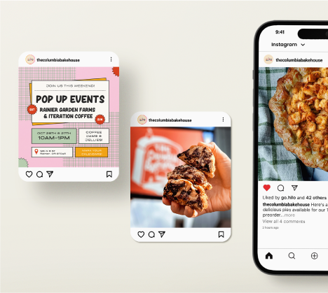 iPhone displaying Columbia Bakehouse Instagram posts highlighting social media management by Hi Lo Design Co