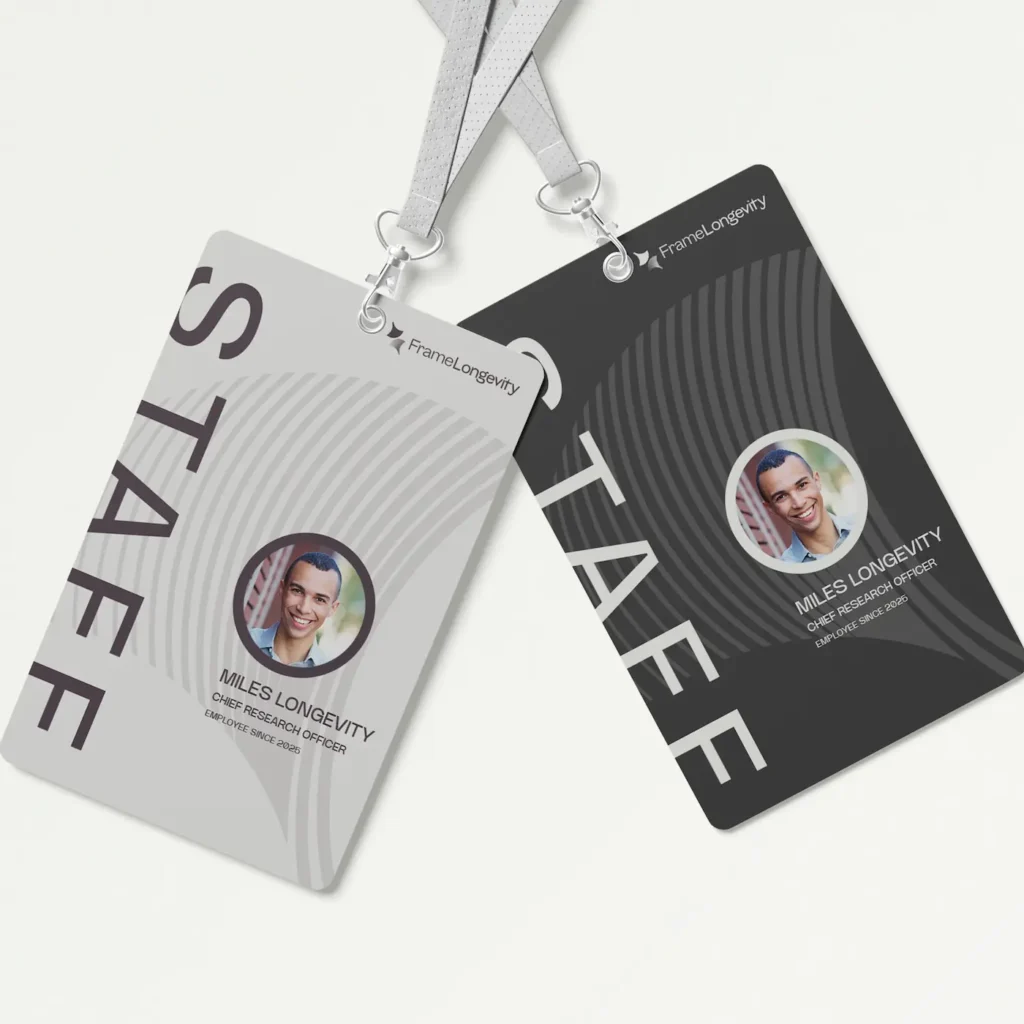 Frame Longevity branded ID card design by Hi Lo Design Co, a design retainer agency